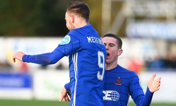 Cove Rangers skipper Mitch Megginson celebrates his goal with Finlay Robertson.