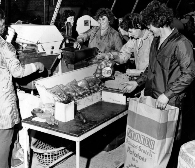 Potatoes being weighed and packed into bags. Circa October 1969, near Dundee.