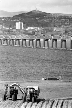 A tractor and a trailed potato harvester out working at Peacehill Farm, Wormit, 13 October 1989.