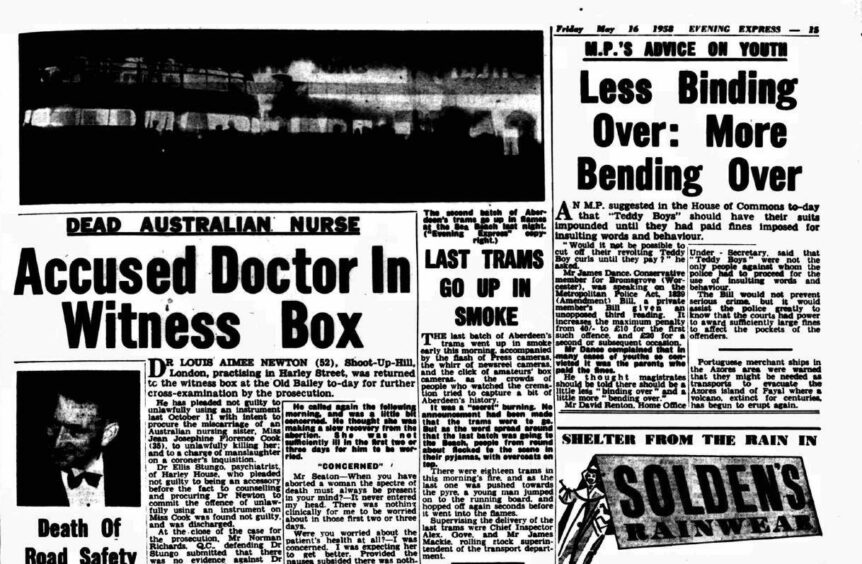 The front page of The Evening Express, 16 May 1958, described the spectacular burning of Aberdeen's tram fleet.
