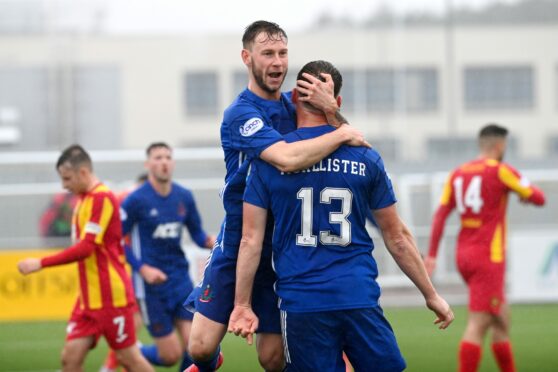 Mitch Megginson and Rory McAllister celebrate together in Cove Rangers' win over Albion Rovers.