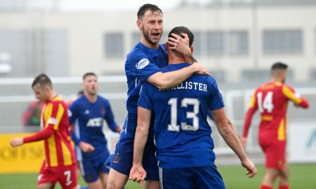 Mitch Megginson and Rory McAllister celebrate together in Cove Rangers' win over Albion Rovers.