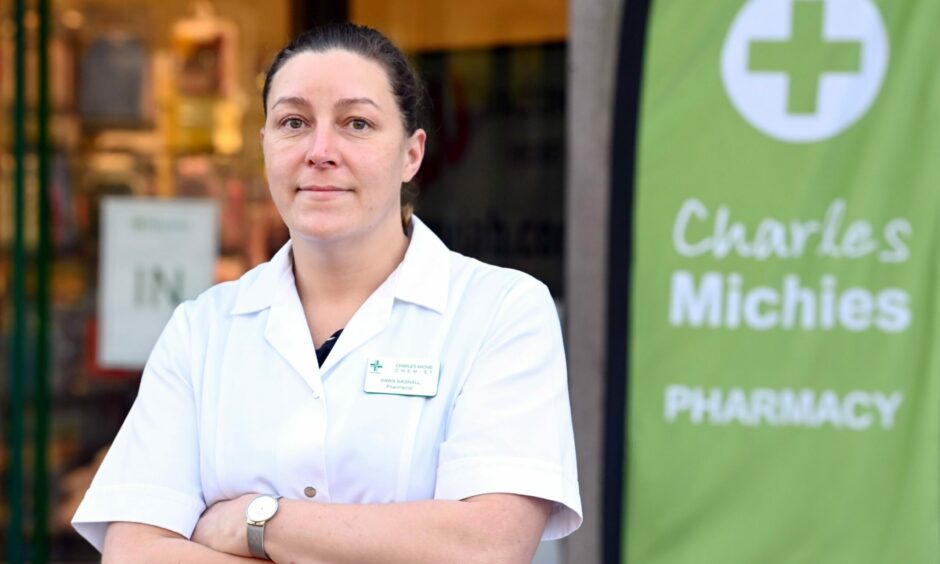 Dawn Bagnall, a pharmacist at Charles Michie's Pharmacy in Union Street, says staff have been forced to treat around 20 people for Spaces For People-caused injuries so far this year. Photo: Kami Thomson/DCT Media