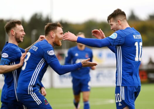 Cove Rangers' Jamie Masson (right) celebrates his goal with Mitch Megginson and Rory McAllister.