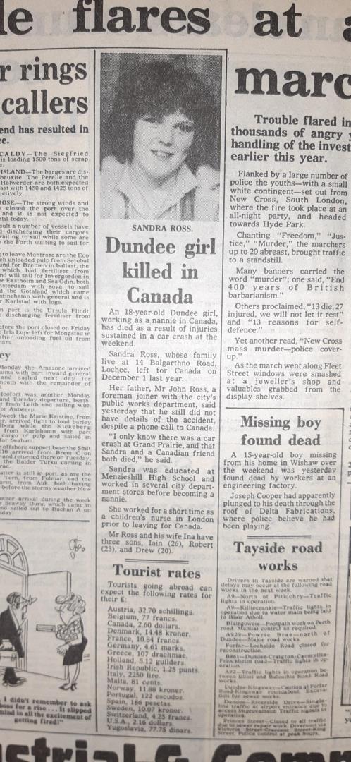 A newspaper cutting from The Courier with the headline: "Dundee girl killed in Canada"