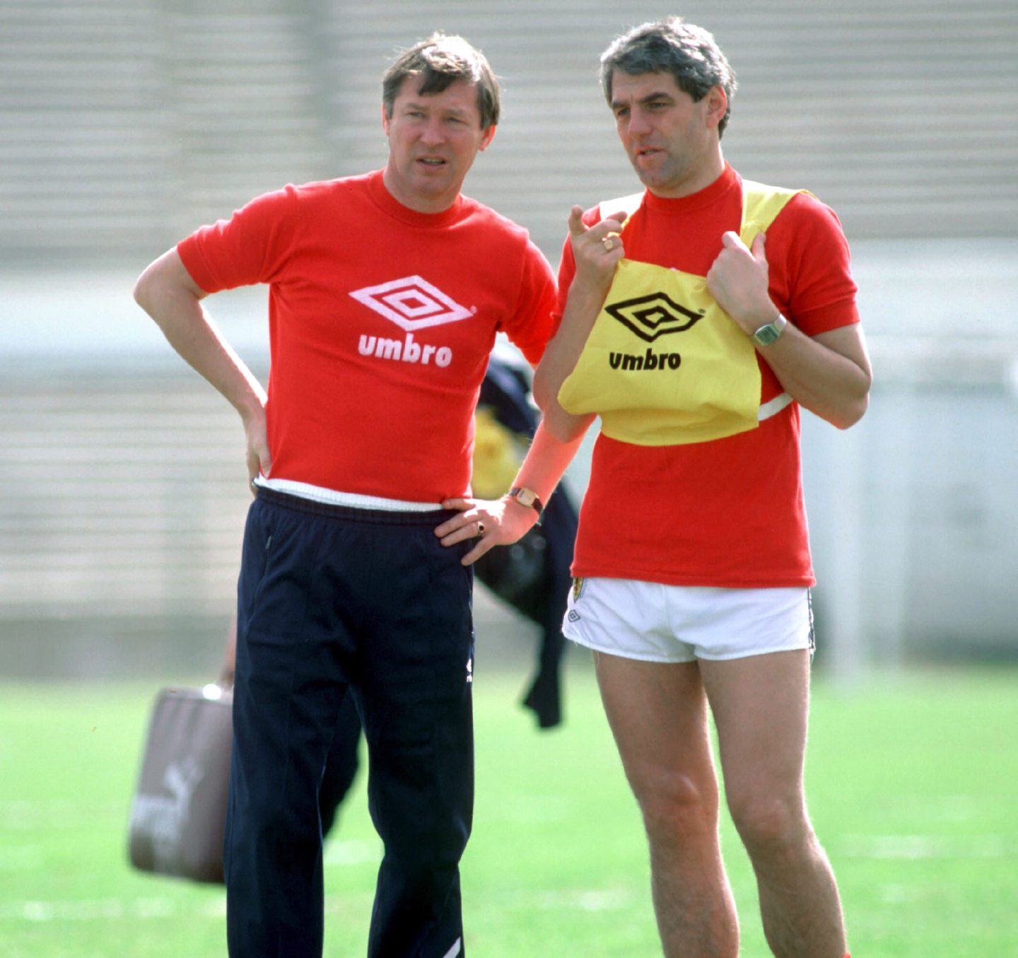 Alex Ferguson, left, with assistant Walter Smith at Scotland training in 1986.