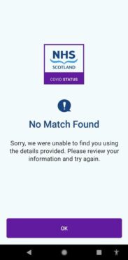 Error message on the new NHS Scotland Covid status vaccine passport app.