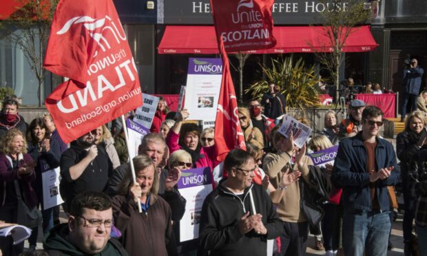 Members of the Unite union during a Dundee University protest over pension changes.