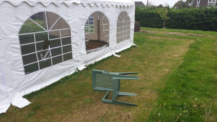 A damaged marquee including sections that have been slashed at Victoria Gardens in Dundee
