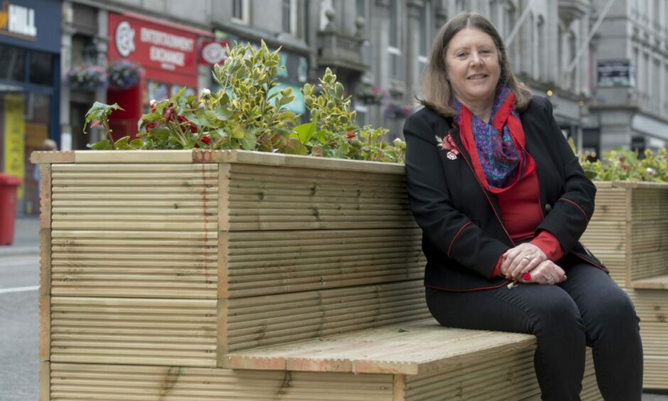 Council transport spokeswoman, Sandra Macdonald on one of the Spaces For People wooden pavement extensions in Union Street, near the junction with Market Street, Aberdeen.