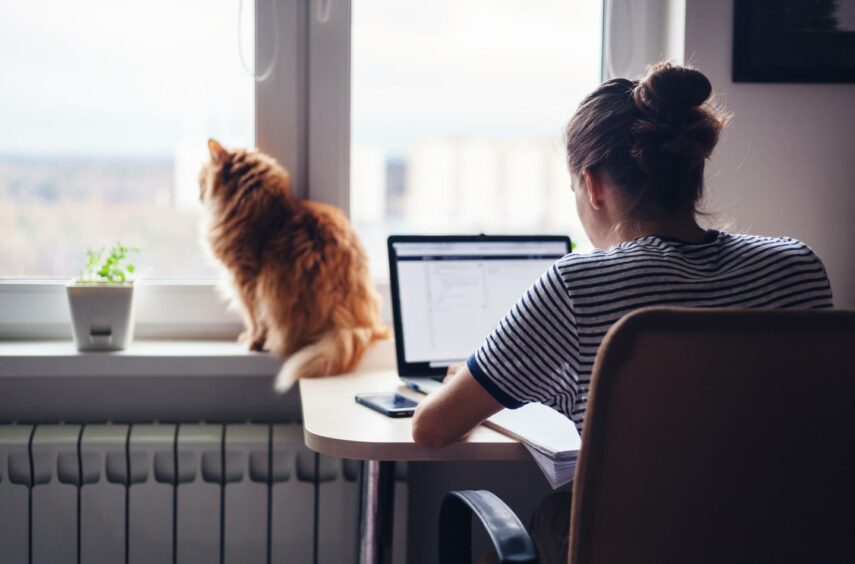 A woman sitting at a desk.