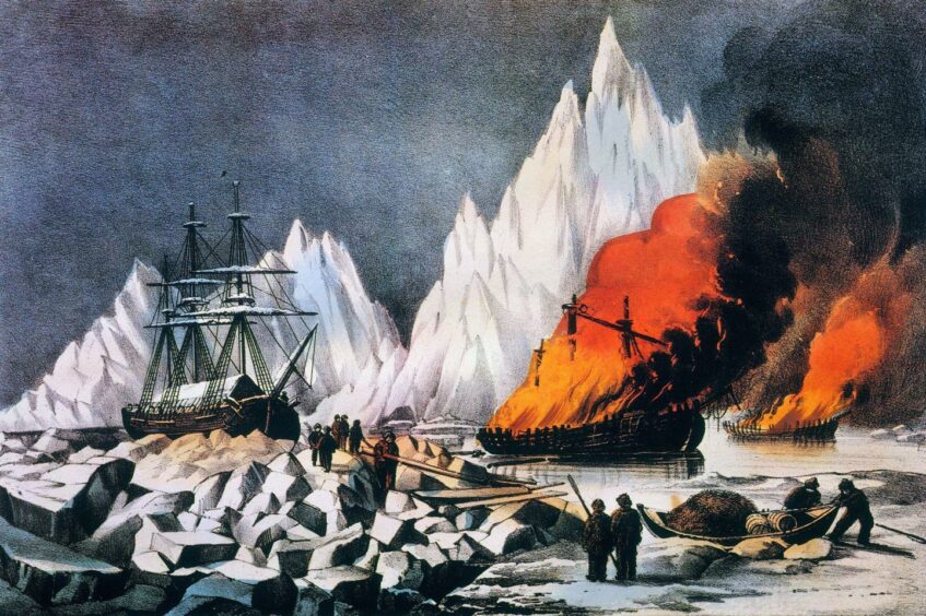 A painting of whalers trapped in the ice and burning their wrecks to avoid danger to other vessels.