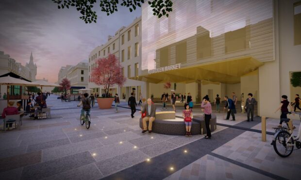 A concept image of the permanently pedestrianised Union Street, outside the new Aberdeen market. Photo: LDA/Aberdeen City Council