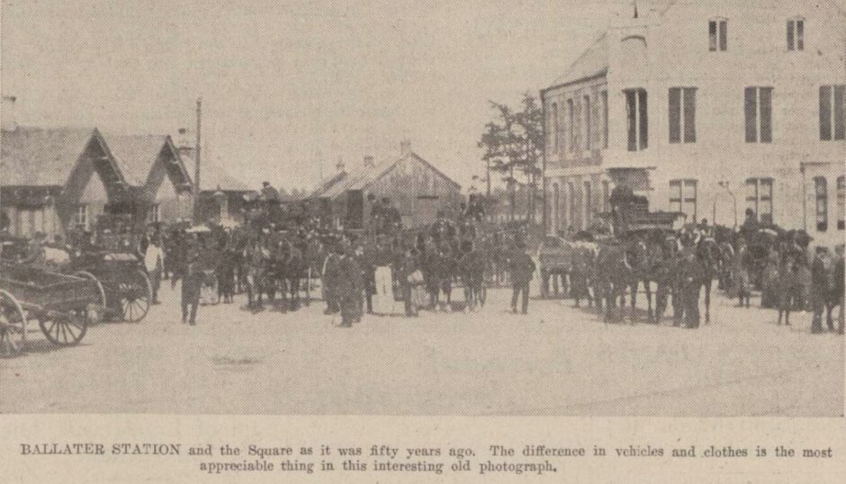 A newspaper clipping of Ballater Station and the square during the 1880s.