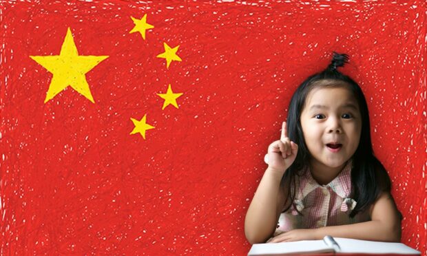 A little girl with the Chinese flag in the background