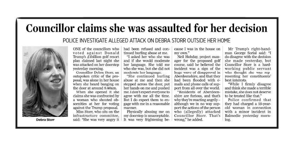 Press and Journal coverage of one Aberdeenshire councillor being assaulted on her doorstep
