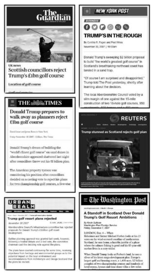 A selection of newspaper headlines from around the world referring to the Aberdeenshire councillors Trump golf course vote