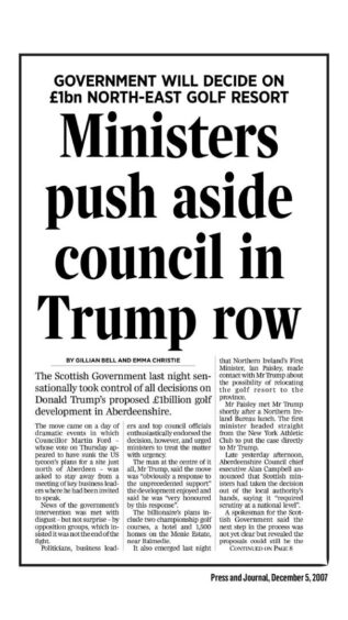A Press & Journal newspaper headline about the Trump golf course that reads: 'Ministers push aside council in Trump row.'