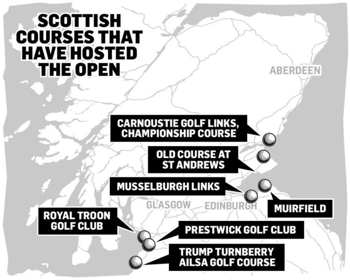 A graphic showing the scottish golf courses which have hosted the open championship, with Aberdeen having none
