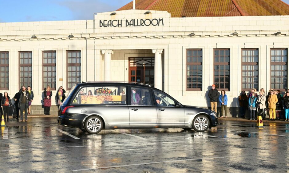 People gathered at Beach Ballroom for Angela Joss funeral.