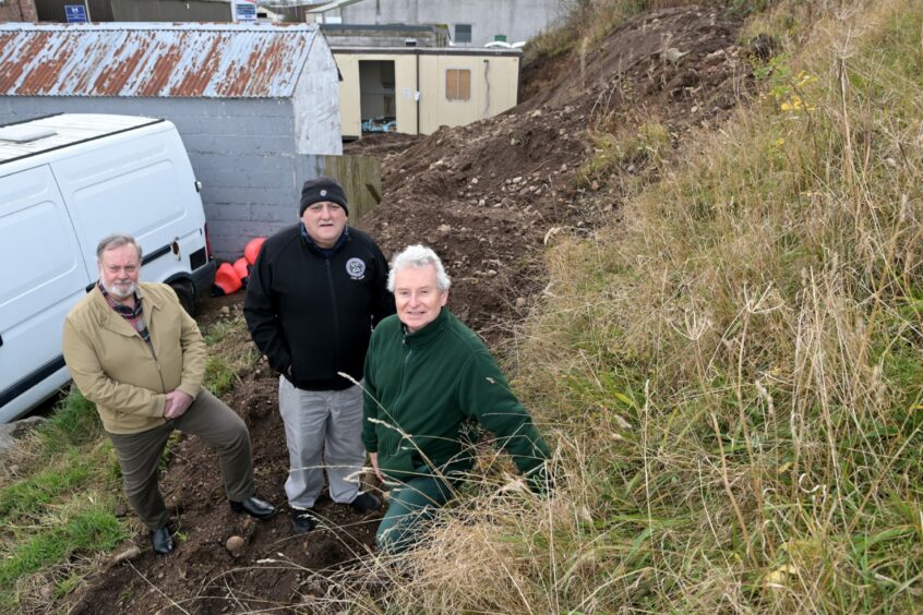 Adrian Harvey, Dave Conner and George Glaister at the scene of the damaged rampart, all that remains of Oliver Cromwell's citadel in Inverness.