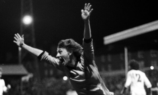 Dundee United star Paul Sturrock celebrates his goal against Borussia Moenchengladbach.