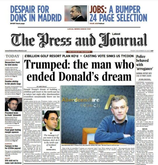 Press and Journal coverage of the Trump vote, with the headline reading: 'Trumped: the man who ended Donald's dream'