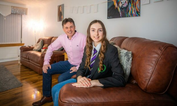 Levenmouth Academy pupil Rhiannon and dad Phil Grant at home