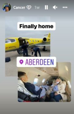 screenshot of Darren Forrest's instagram story showing his ambulance flight home to Aberdeen.