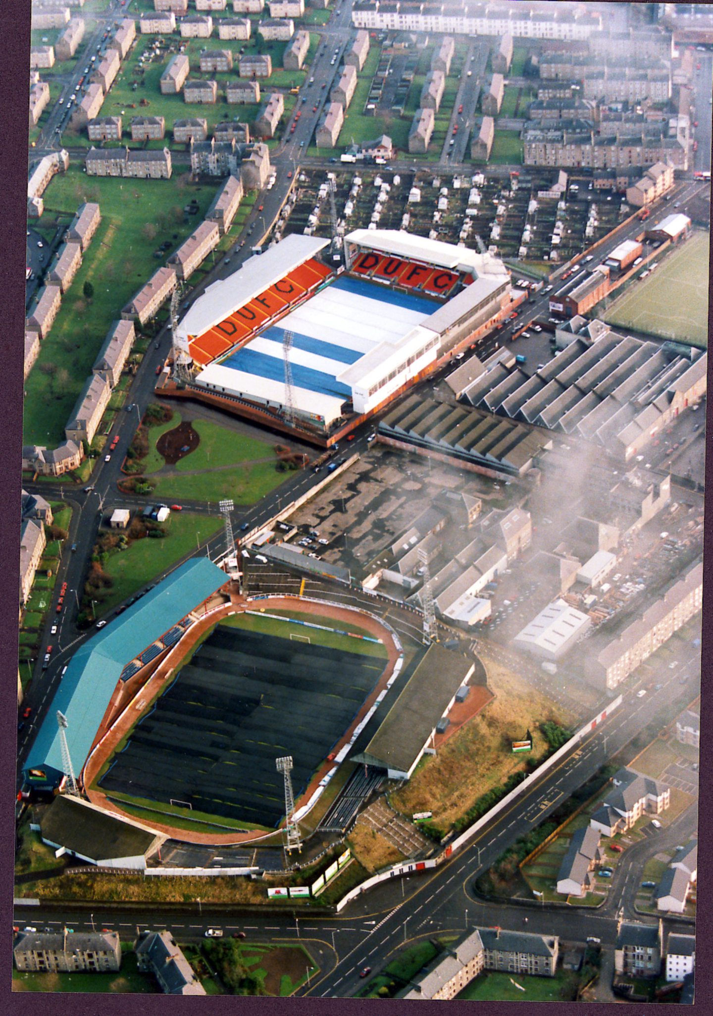 An aerial view of Dens Park and Tannadice before the bid was submitted in November 2001.