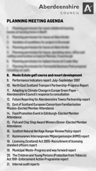 The Aberdeenshire Council meeting agenda that included the Trump vote