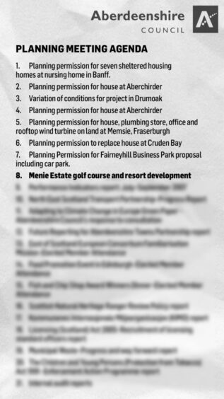 The Planning meeting agenda for Aberdeenshire counil in relation to the proposed Donald Trump golf course 