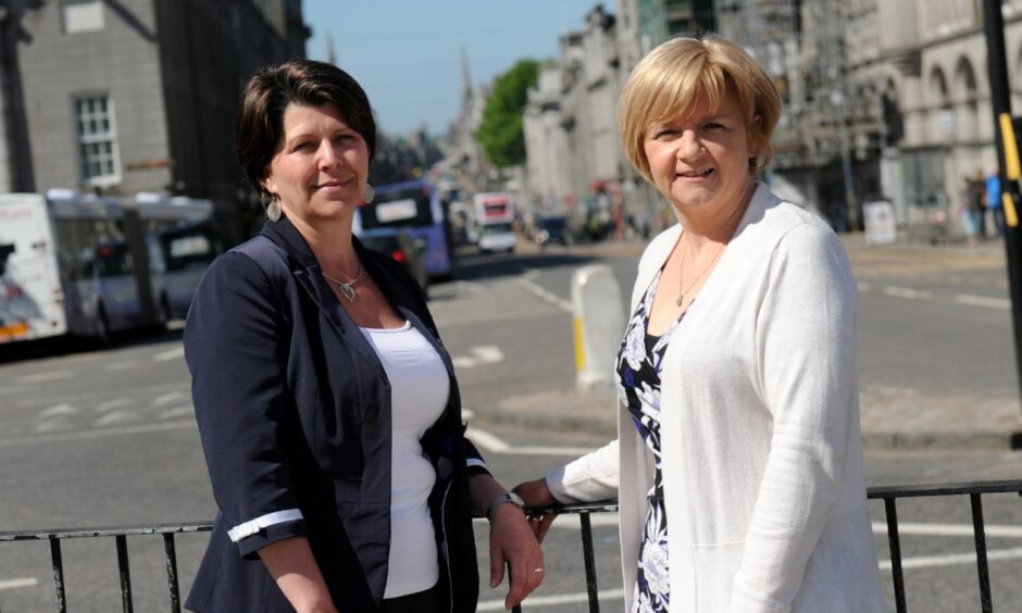 Outgoing masterplan lead Marie Boulton and council leader Jenny Laing on the Castlegate in Aberdeen. Photo by Kath Flannery/DCT Media.