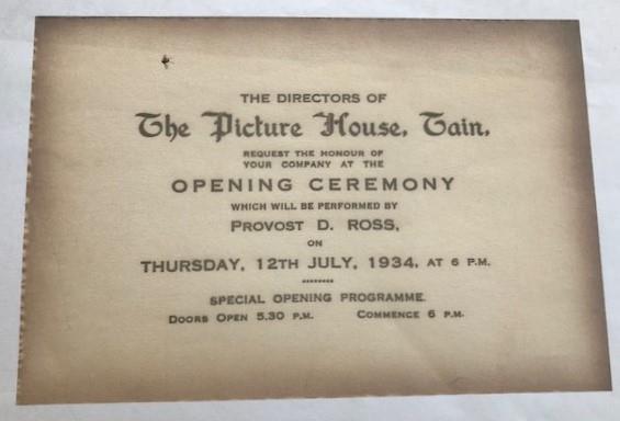 Ticket for opening ceremony of Tain Picture House 1934.  Supplied by Tain and District Development Trust.