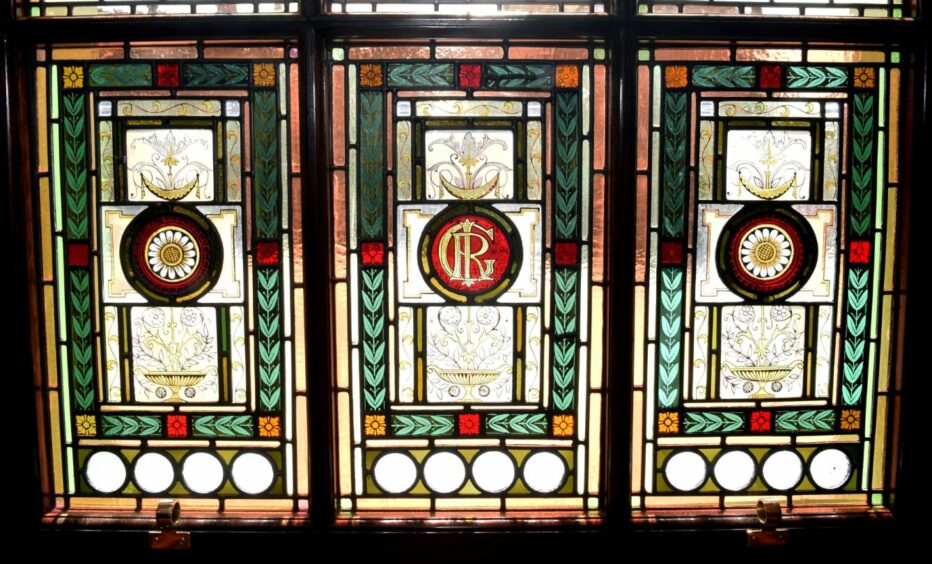 The stained glass windows at Ballater Railway Station.