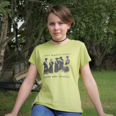 Matilda Roomes in a green Scarf Monkey t-shirt