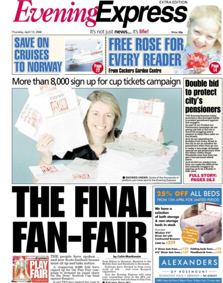 An Evening Express front page with the headline 'the final fan-fair' in reference to a campaign on 50-50 split tickets for a football match