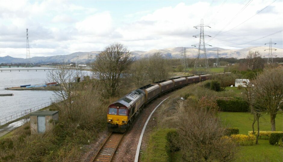 A freight train carries coal between Hunterston and Longannet.