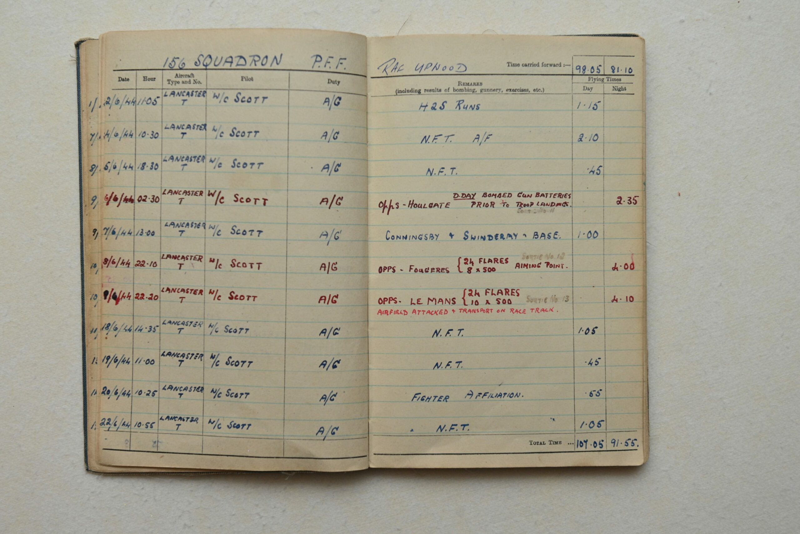 This page from Bill's log book shows his Houlgate mission on D-Day.