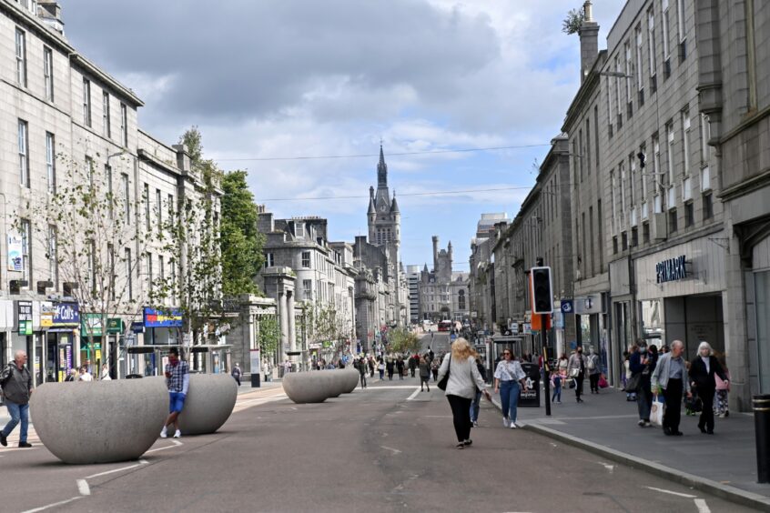 Union Street in Aberdeen, pedestrianised temporarily under the Spaces For People work.