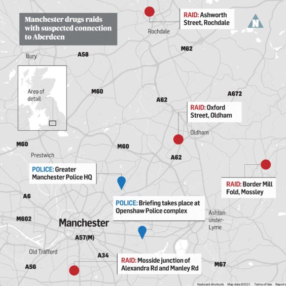 A graphic showing the raids undertaken by Aberdeen police in Manchester