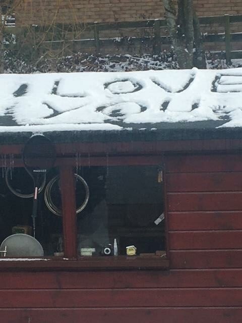 The shed roof of Euan Cattanach who left a message for wife Irene.