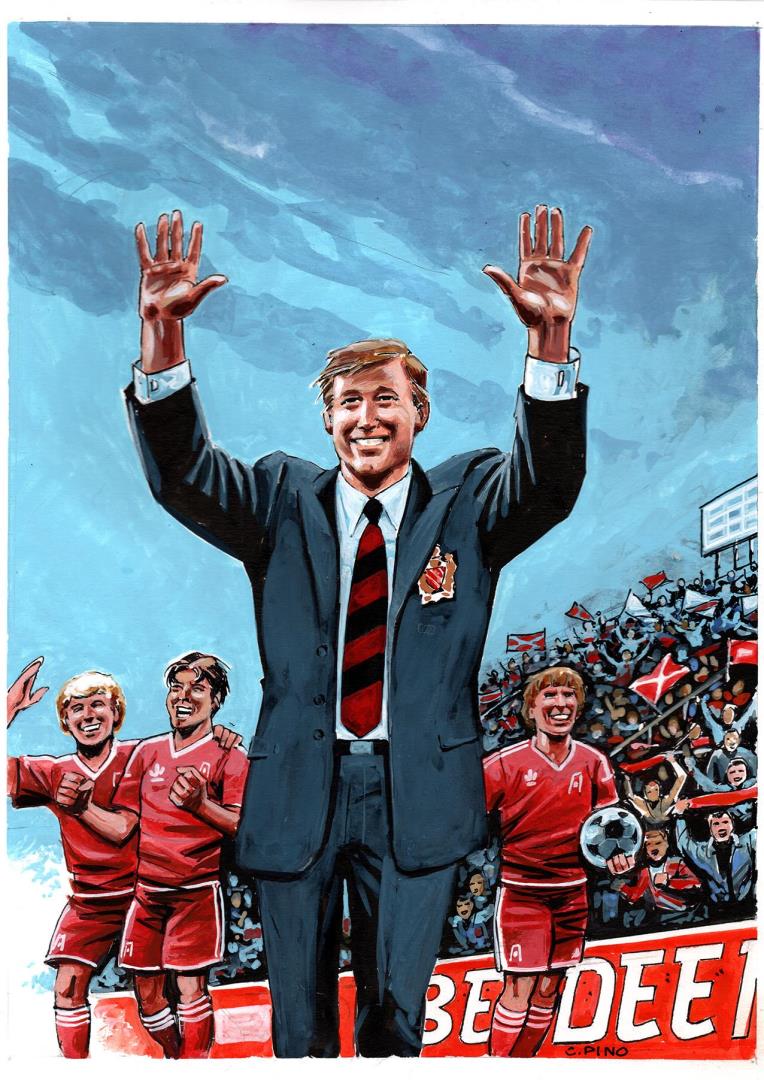 A cartoon of Alex Ferguson, Aberdeen manager celebrating a win with Aberdeen players and fans