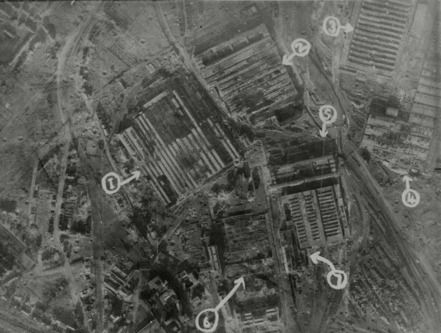 An RAF reconnaissance photograph taken on October 28 1944,  a few days after Bill's raid, shows damage to a section of Krupps.