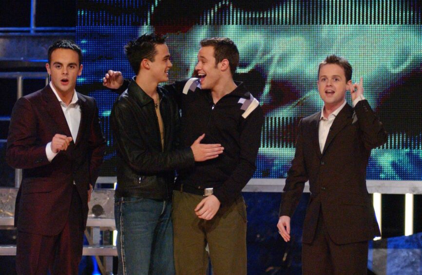 Ant McPartlin, Gareth Gates, Will Young and Declan Donnelly at the Pop Idol final in 2001.