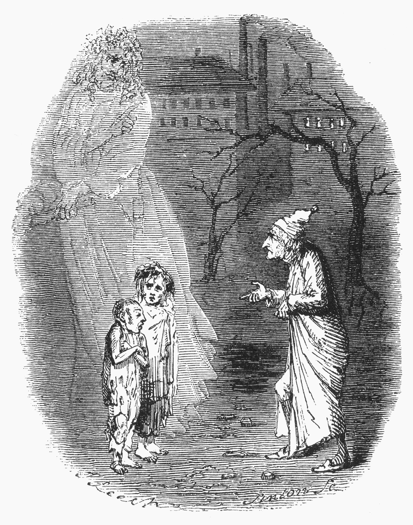 Ignorance And Want, an etching by John Leech from the first edition of Charles Dickens' A Christmas Carol, 1843.