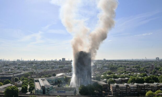 Smoke billowing from the fire that engulfed the 24-storey Grenfell Tower in west London in 2017.