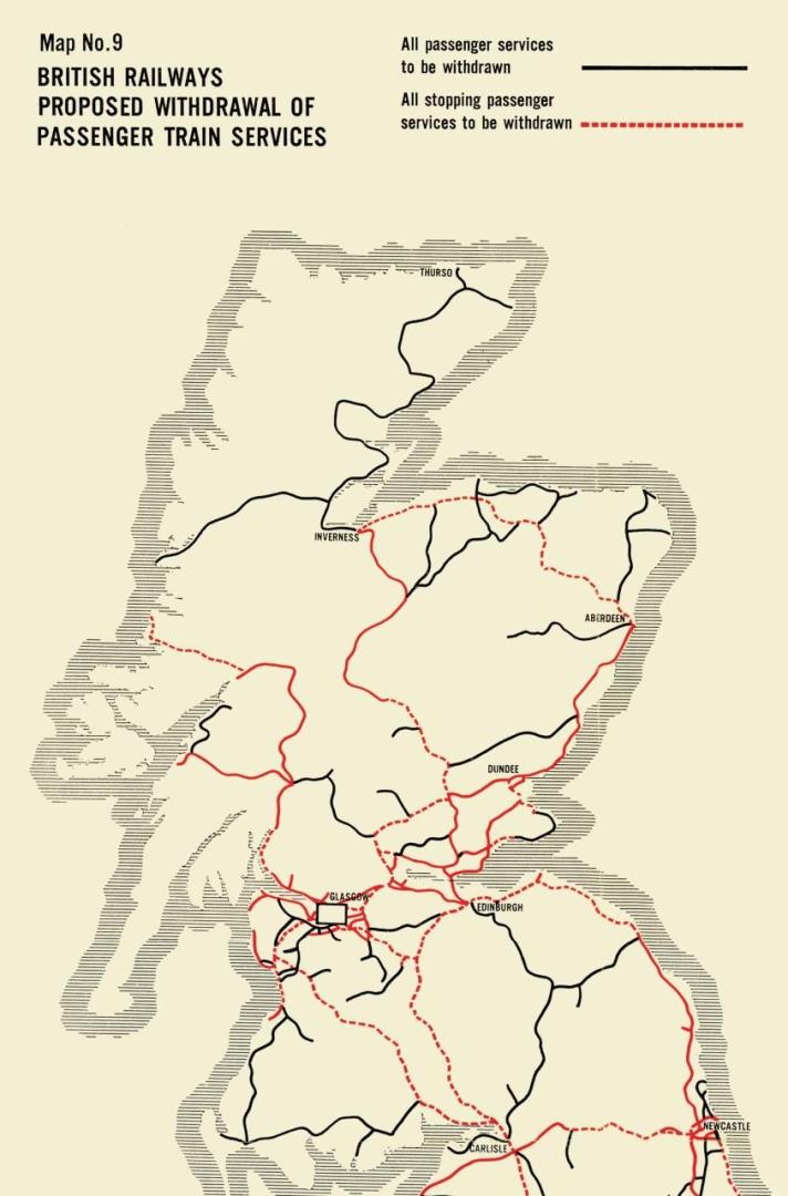 This map illustrates how many railway lines were closed in Scotland after Dr Beeching's report in 1963.