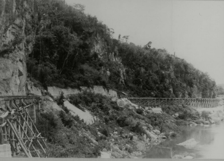 Part of the Burma-Siam track on trestles. Northcliffe Collection.