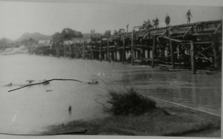 Part of the Burma-Siam Railway that spanned the River Kwai. Part of the track on trestles. Northcliffe Collection.